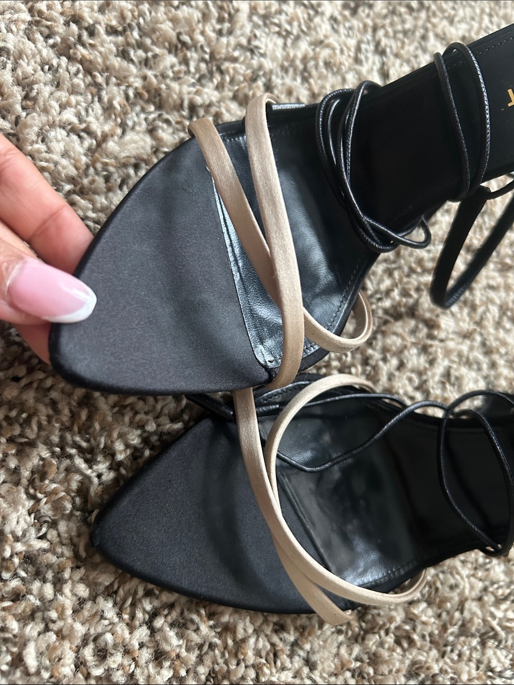 Saint Laurent Black and Beige Strappy Pointed-Toe Heels - Picture 3 of 3